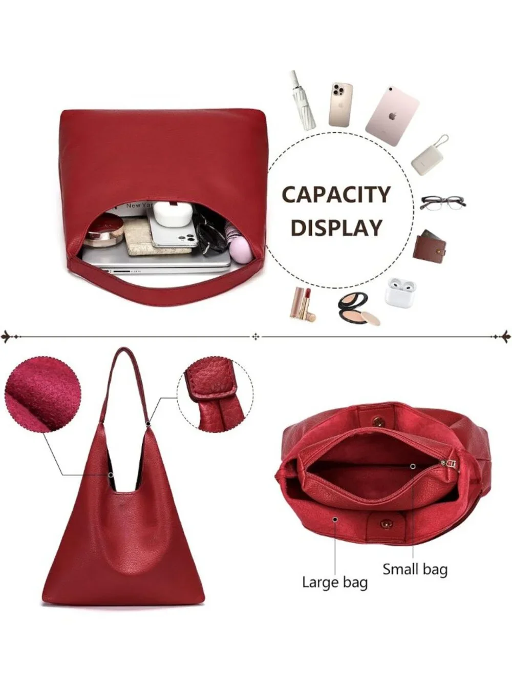 Soft Vegan Leather Slouchy Hobo Bag for Women - Stylish Tote with Cosmetic Bag